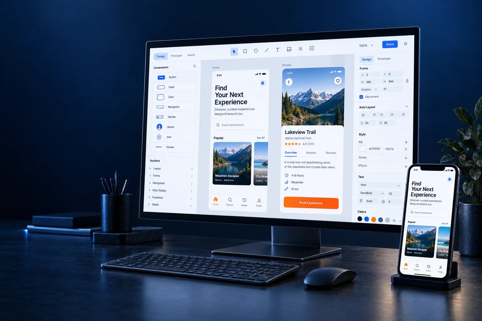 Interface design editor, component library and mobile prototype