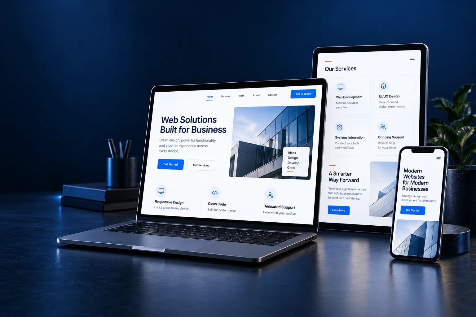 Responsive website designs displayed on laptop, tablet and phone