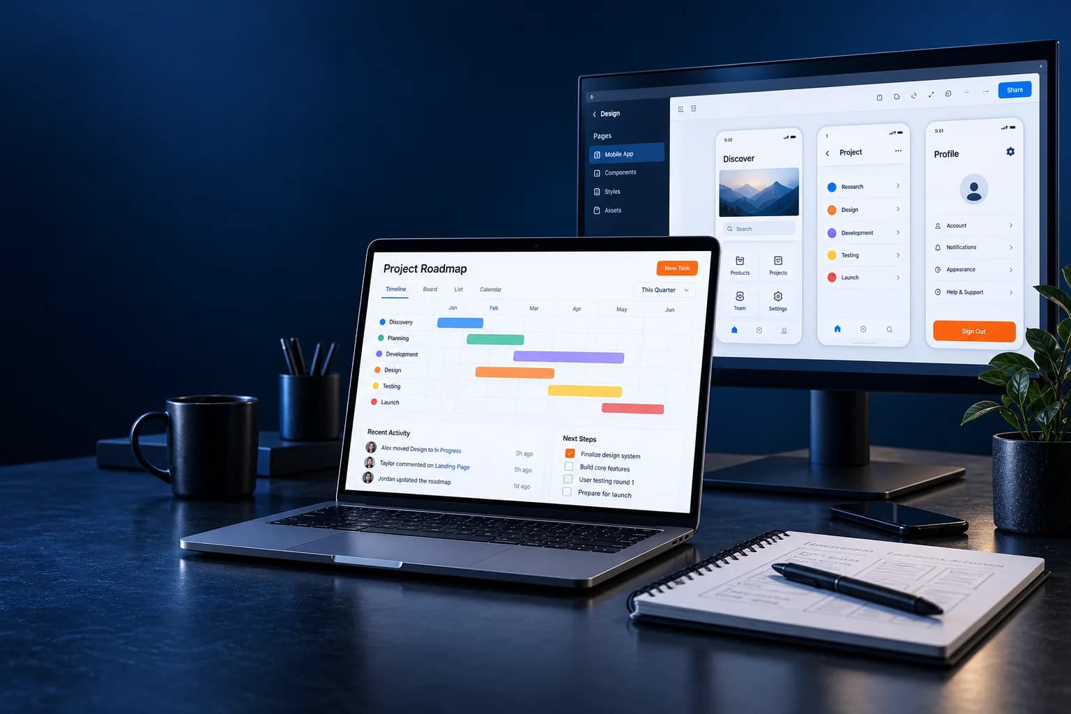 Project planning workspace with software roadmap and interface designs