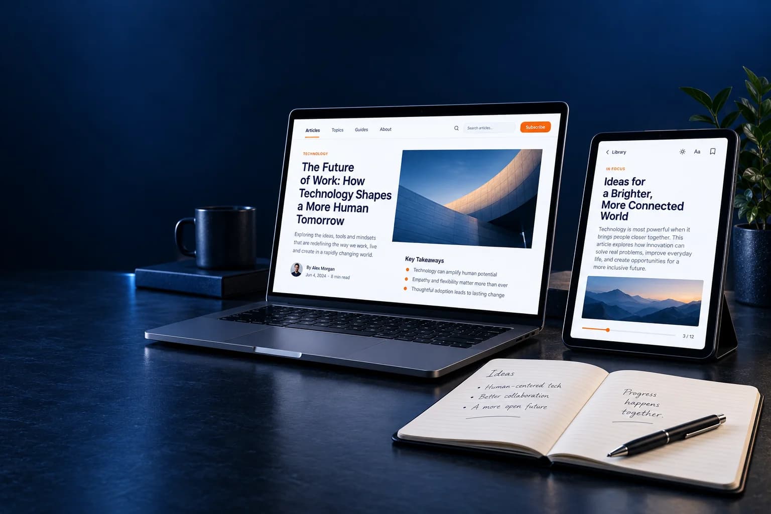 Technology journal concept displayed on laptop and tablet