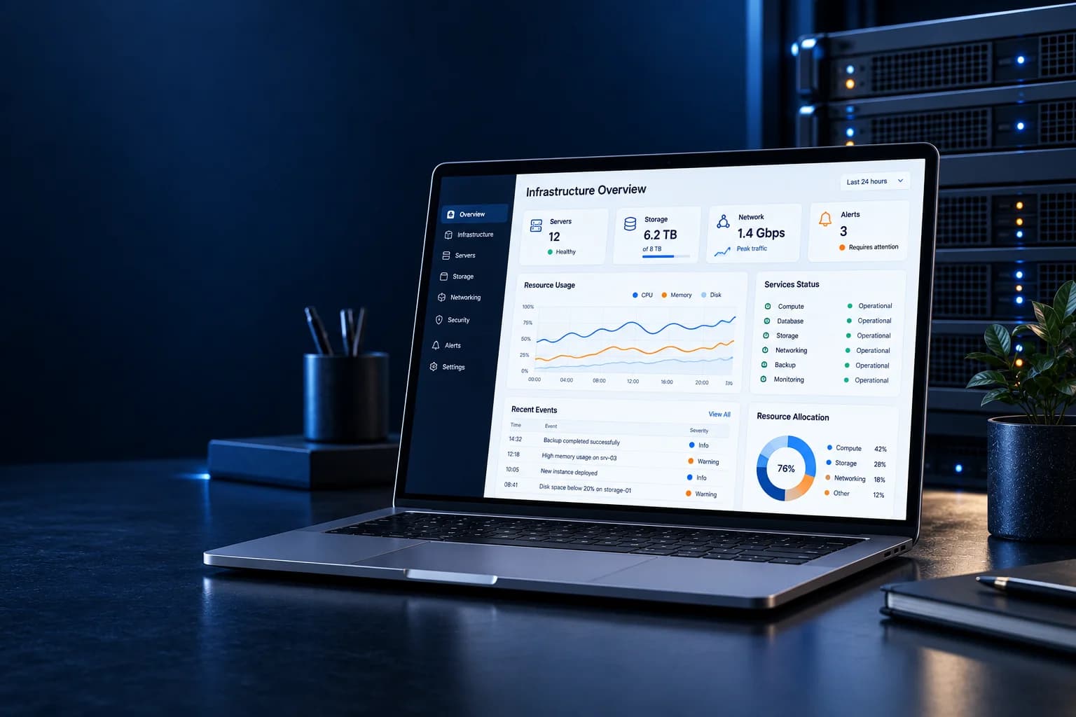 Infrastructure monitoring dashboard with server equipment