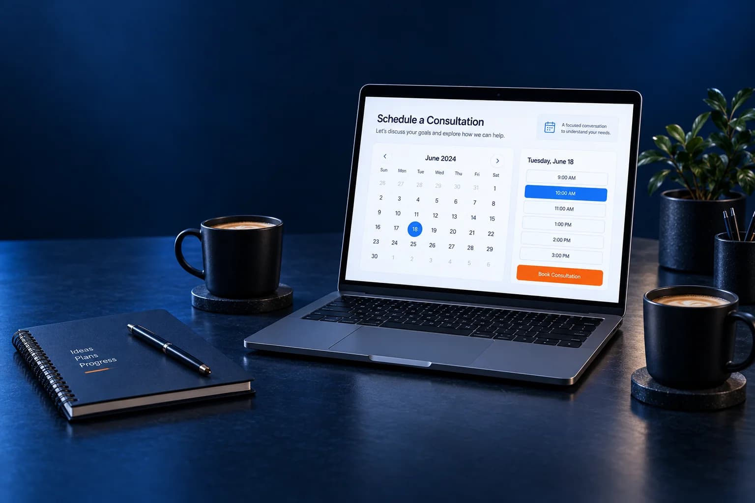 Illustrative project consultation workspace with calendar and notebook