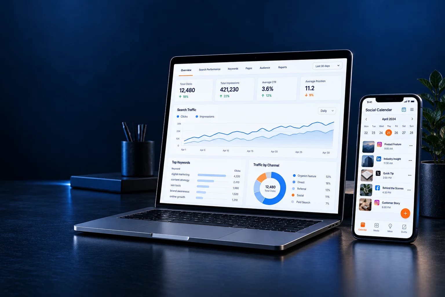 Search analytics and social media content planning interfaces