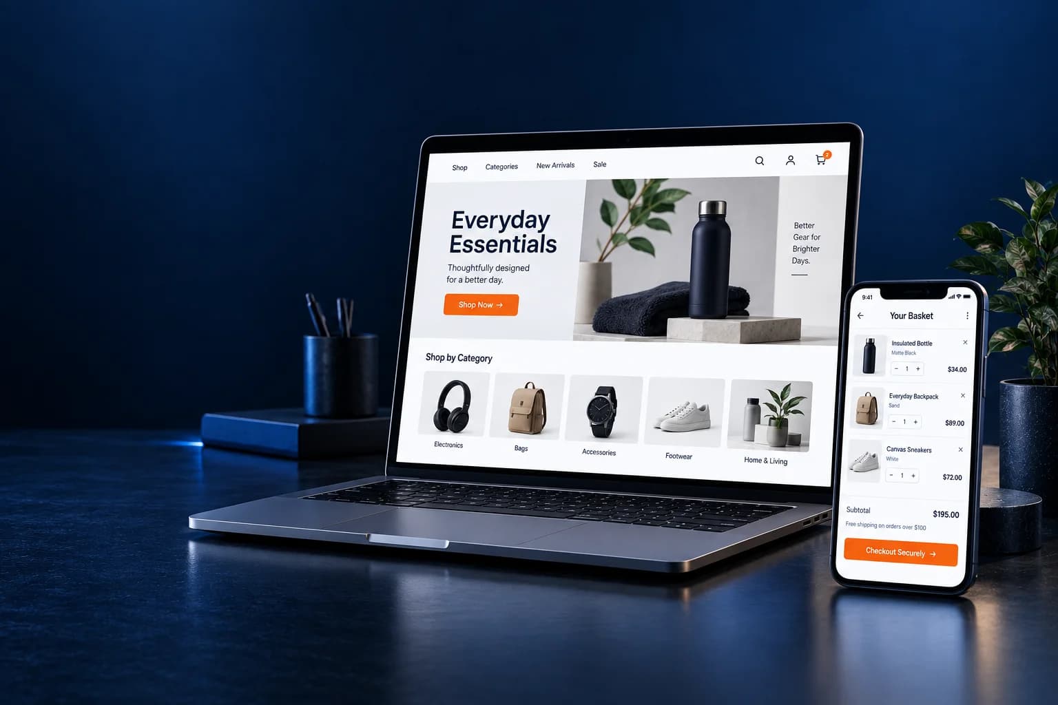 Illustrative online storefront and mobile shopping basket