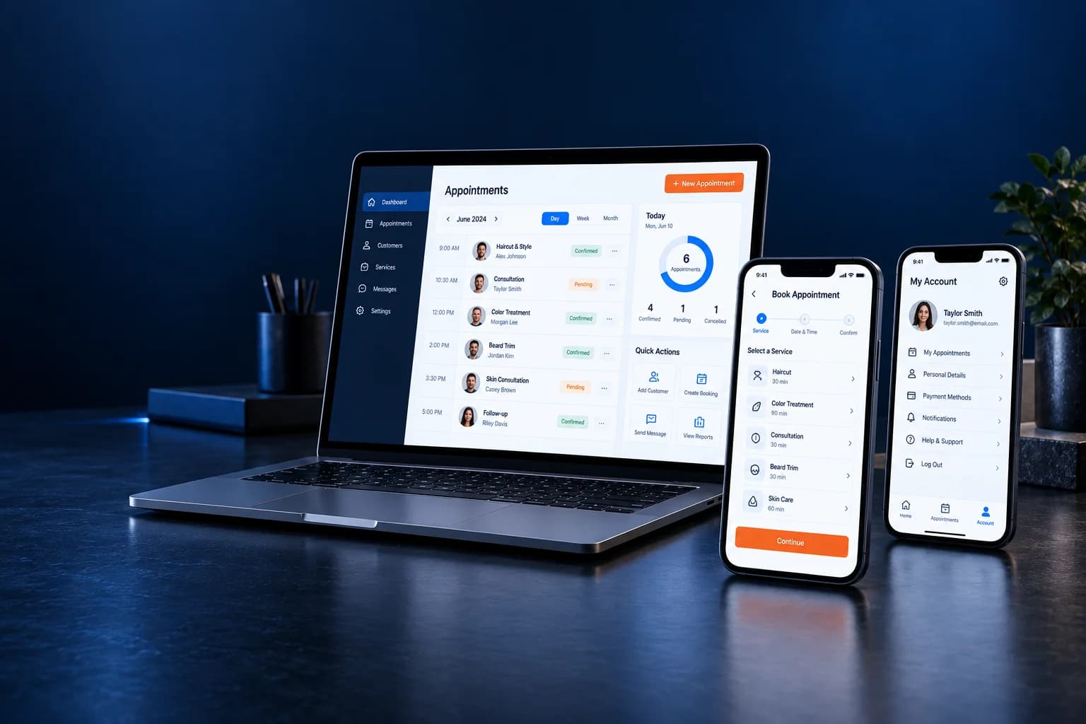 Mobile application screens and development previews on a desk