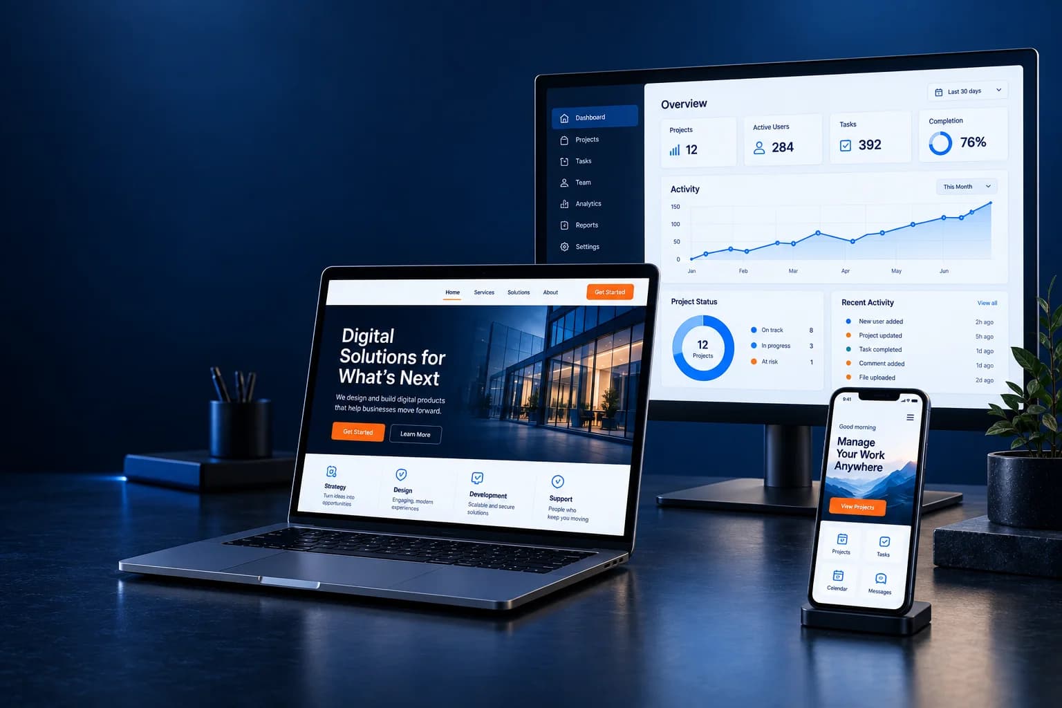 Business website, mobile application and operations dashboard on realistic devices